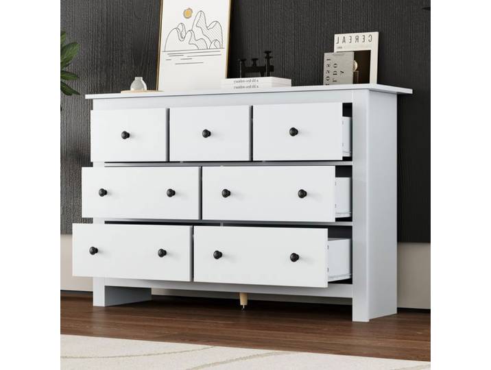 Bladez - Buffet 152 x 40 x 89 cm avec 7 tiroirs design minimaliste pour salon et salle à manger - Blanc