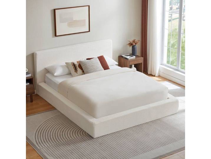 Lit double compressé 160x200 cm Contreventement en acier renforcé Tête de lit rembourrée Blanc crème(Sans matelas)