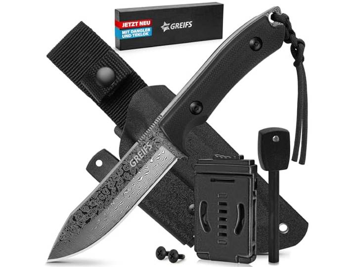 GREIFS® Outdoor-Messer aus D2 Stahl für Bushcraft & Survival - Milan Damast Kydex-Holster · Gürtelclip · Dangler · Feuerstahl · Messer Outdoor · Jagdmesser · Gürtelmesser · Angelmesser · Fahrtenmesser