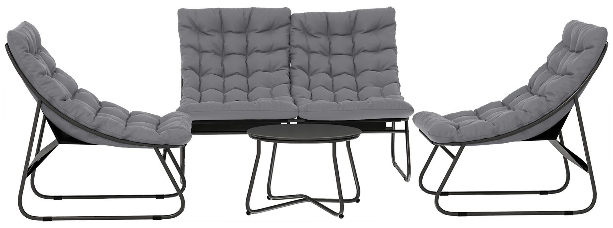 Lounge Sitzgruppe Gartensofa, Gartenmöbel Set 4-teilig Stahlrahmen Polyester, getuftete Kissen, Grau | pulverbeschichtet | 14,2 kg | 122x87x85 cm