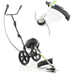 Wiltec, Rasentrimmer, 2in1 Benzin Motorsense 1,9kW Räder Freischneider Rasentrimmer Gartengerät (Metallschneideblatt, Trimmfaden)