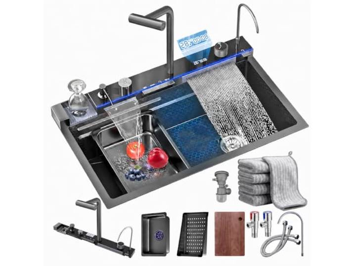 Spülbecken Multifunktion Edelstahl Waschbecken, Mit Temperaturanzeige Modern Waschbecken Wasserfall, Einfach zu Installierende, Vielseitige Auszieharmatur, Aus Edelstahl, Wabenstruktur-Technik