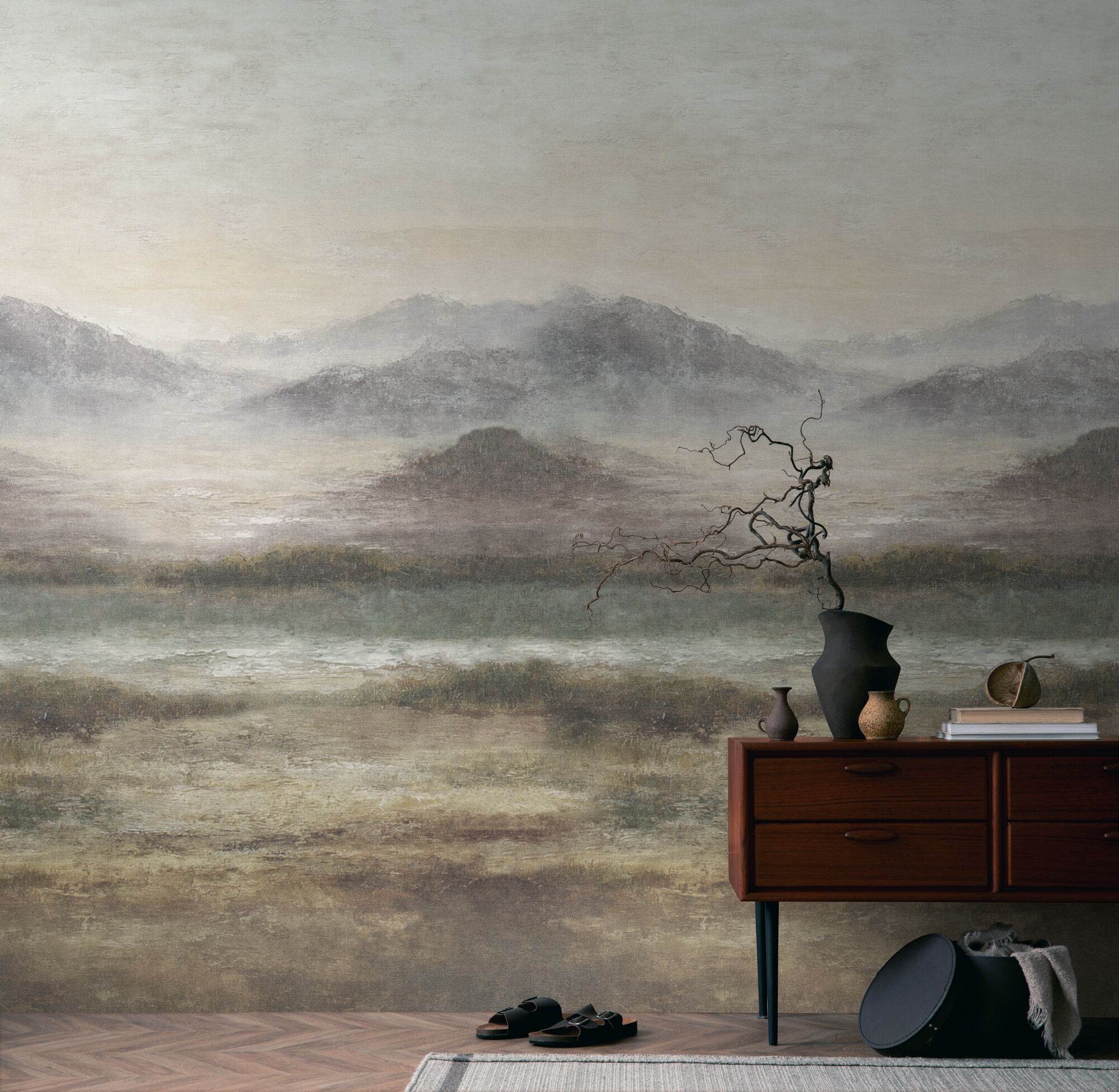 Fototapete LIVING WALLS "The Wall 4 Structures – Nebelige Berglandschaft Vlies-Fototapete", braun, B:1,59m H:0m L:2,8m, Vinyl, Vlies, Tapeten, Nebelige Berglandschaft mit atmosphärischer Tiefe