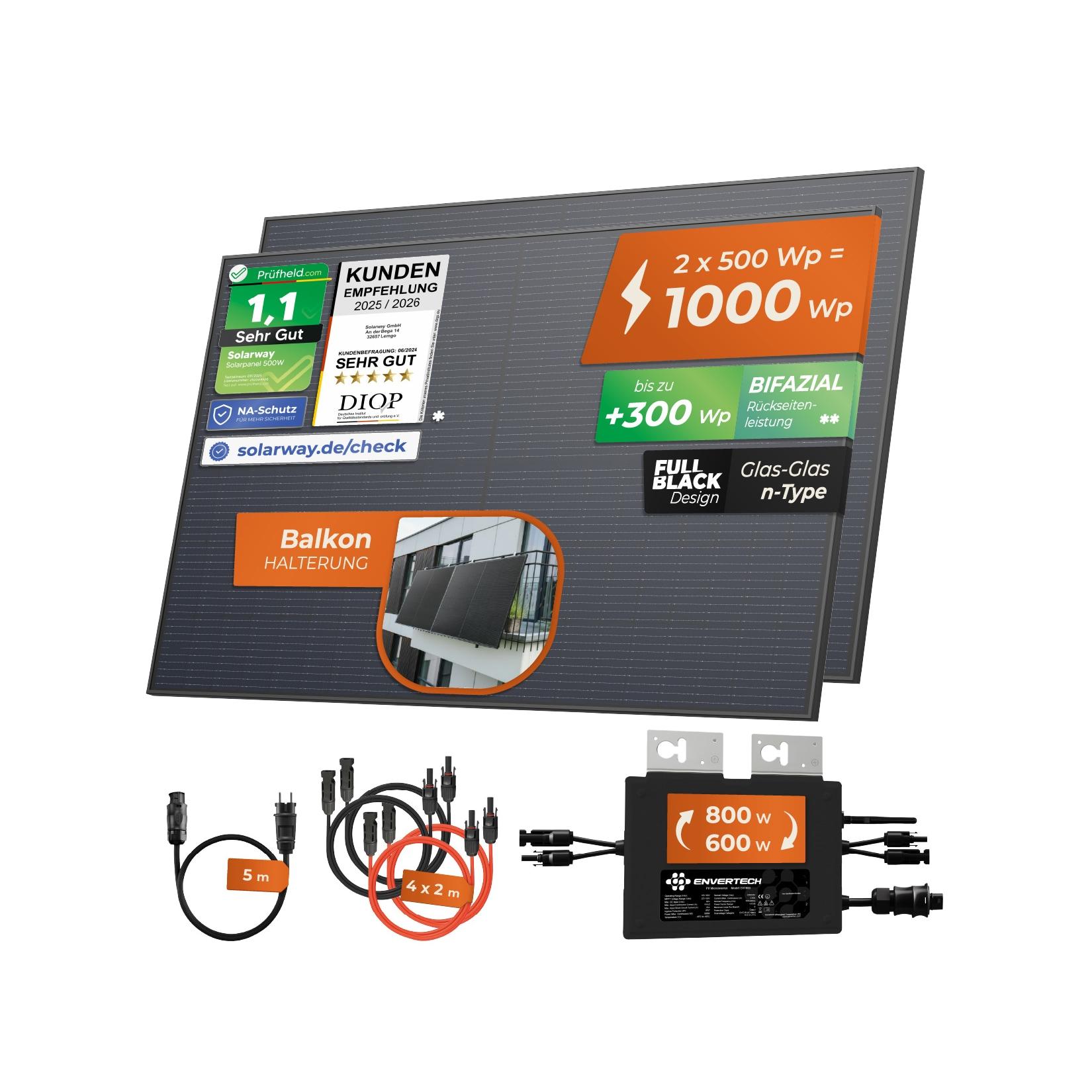Solarway® 1000W Balkonkraftwerk 800W komplett Steckdose - neuester 800 Watt Wechselrichter - Solaranlage Komplettset - 500W bifaziale Solarmodule & Envertech & Zubehör