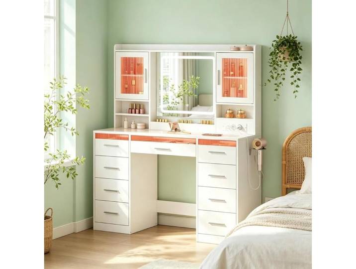ELVORIN Coiffeuse miroir LED RGB 110 x 40 x 140 cm blanc