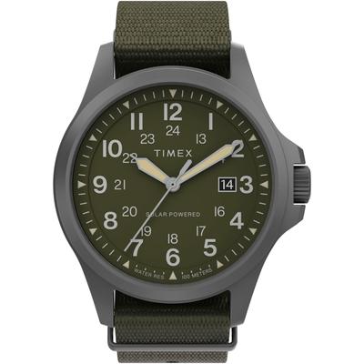 Solaruhr TIMEX "FIELD POST", grün (khaki), Armbanduhren, Herren, Armbanduhr, Herrenuhr, Datum, Leuchtzeiger, Saphirglas, Textilarmband