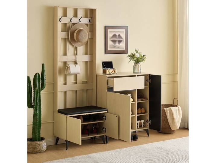 MEULVA Ensemble meuble d'entrée avec banc rembourré 4 crochets et meuble à chaussures décor bois clair