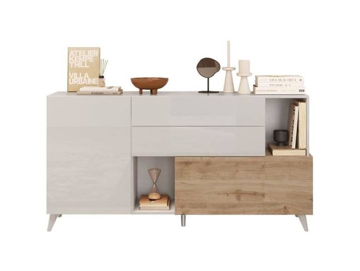Buffet - MONTECARLO - 2 portes - 2 tiroirs - Blanc laqué / Chêne Cadiz - 181 x 43 x 94 cm