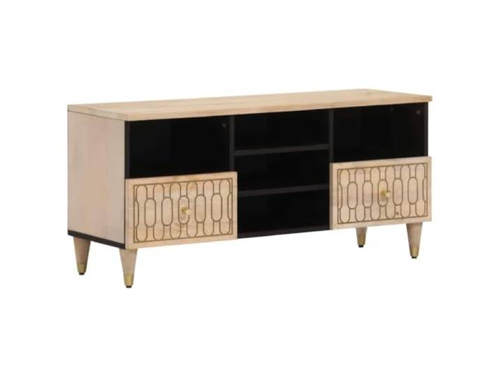 HEFZGDB TV-Schrank aus Massivholz Mango 100x33x46 cm mit handgeschnitztem Design, großer Stauraum und Stabiler Oberfläche für Wohnzimmer, Robustes TV-Möbel mit Holzbeinen