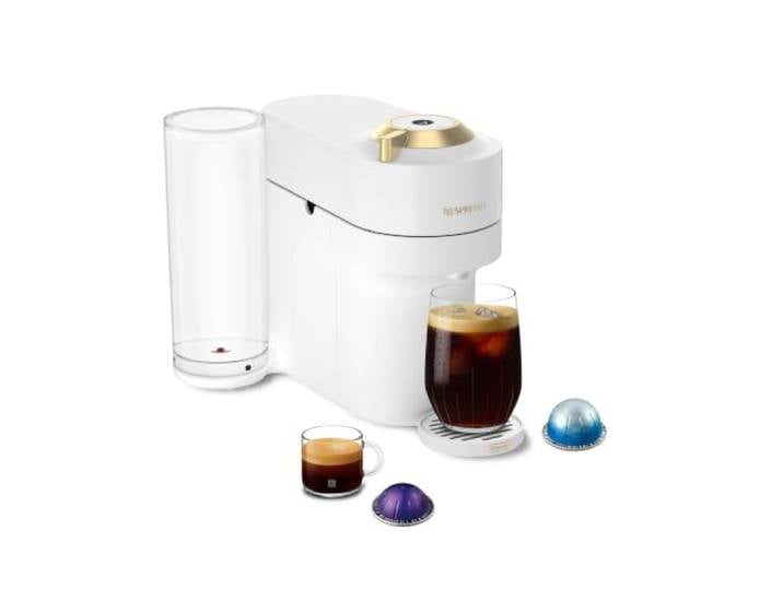Nespresso Vertuo Pop+ Deluxe, Kaffee- und Espressomaschine von De'Longhi Limitierte Edition, weißes und goldenes Finish, komplett mit seitlichem Wassertank mit 30 Unzen, Heizung von 30 ml