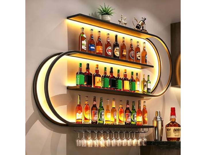 Gpbmn 200cm Weinregal Metall Wand 4-stöckiges Modernes Weinregale Display Rack Hängend, Bar Regale Wand ,für Bars, Wohnzimmer, Küche, Restaurant