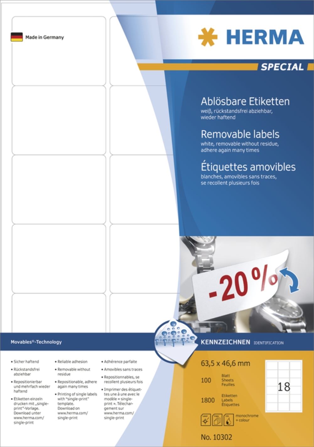Herma 10302 ablösbar Universal-Etiketten 6.35x4.66 cm (100 Blatt (1800 Etiketten))