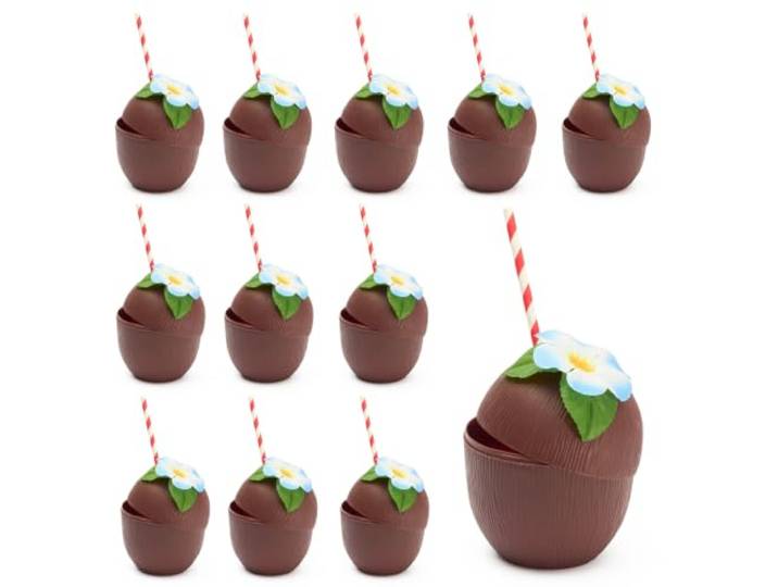 THE TWIDDLERS 60 Mehrweg Kunststoff Kokosnuss Cocktail Becher mit Blumen & Papierstrohhalmen - Tikibecher - Hawaii Party Deko, Pool Strandpartys, Tropische Hochzeiten, Geburtstage