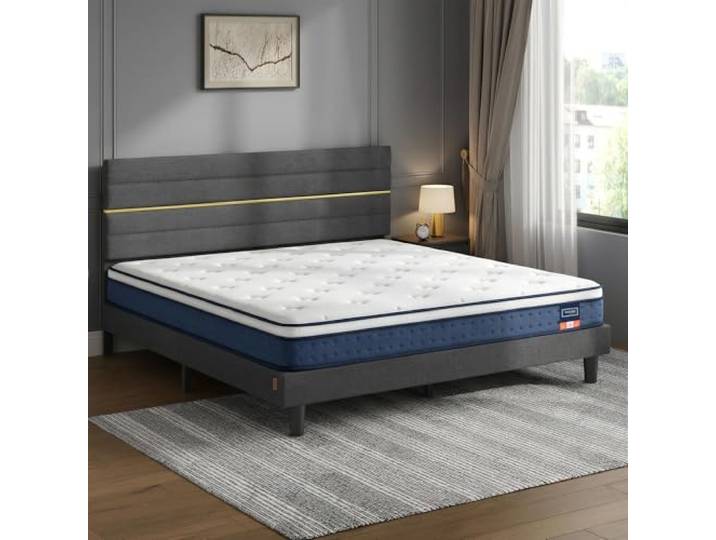 VASAGLE Polsterbett und Matratze Set, 180 x 200 cm, Schiefergrau Doppelbett 180 x 200 cm, Taschenfederkernmatratze, Gel-Memory-Schaumstoff, Stahlrahmen, für Schlafzimmer