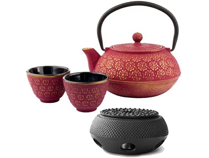 Bredemeijer Gusseisen Tee Set 0.6 Liter Teekanne mit Stövchen & 2 Guss-Tassen (Becher) & Edelstahl Tee-Filter Sieb-Einsatz - ideal für lose Teesorten