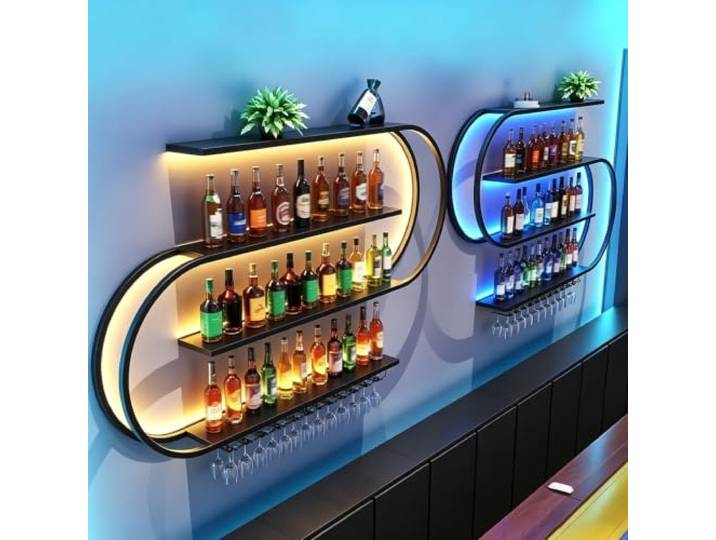 Rvtjy Großes Wand weinregal aus Metall zur Wandmontage mit Wein Glashalter 4 Lagiger Restaurant Bar Wandmontage Flaschenregal Multi Funktionaler Weinpareite Display Rack