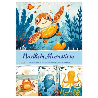 Niedliche Meerestiere - Zauberhafte Meeresbewohner im Boho-Stil (Wandkalender 2026 DIN A2 hoch), CALVENDO Monatskalender
