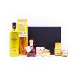 fein und kostbar Geschenkkorb, Goldtopf, Box, 5-teilig, gefüllt mit Feinkostspezialitäten
