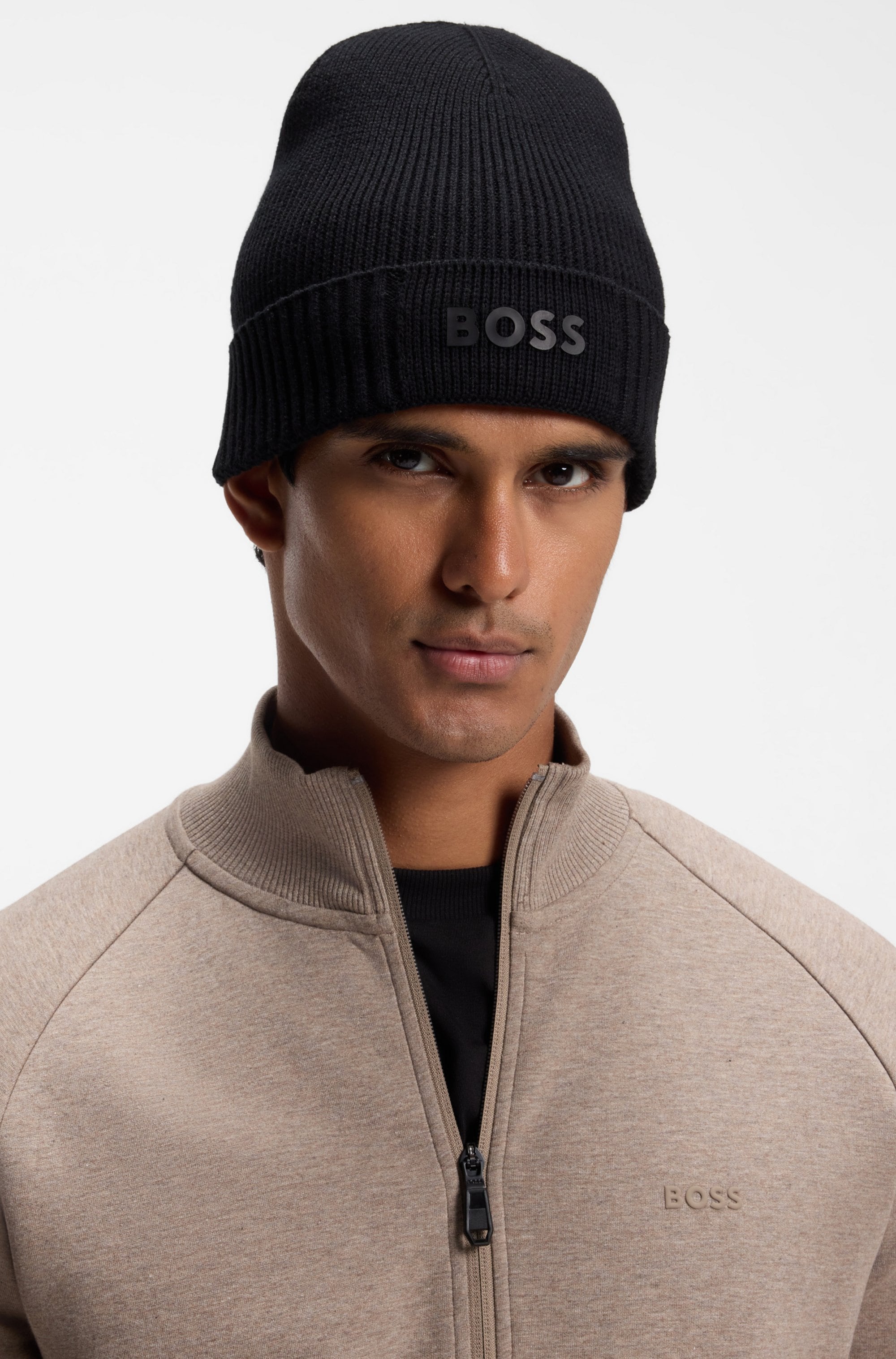 Beanie BOSS GREEN "Asic Beanie", Herren, schwarz (schwarz 001), Rippstrick, Baumwollmischung, unifarben, Mützen Beanie, aus Rippenstrick mit Schurwoll-Anteil