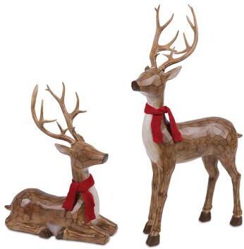 Melrose International Carved Deer with Scarf Statue (Set of 2)