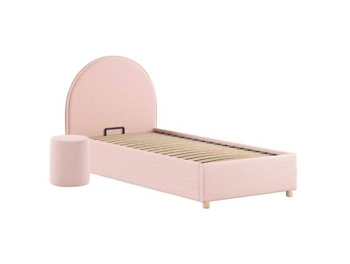 Pack Lit coffre 90x200cm Tête Demi-Lune + Pouf Tissu Bouclé Rose - CONNIE