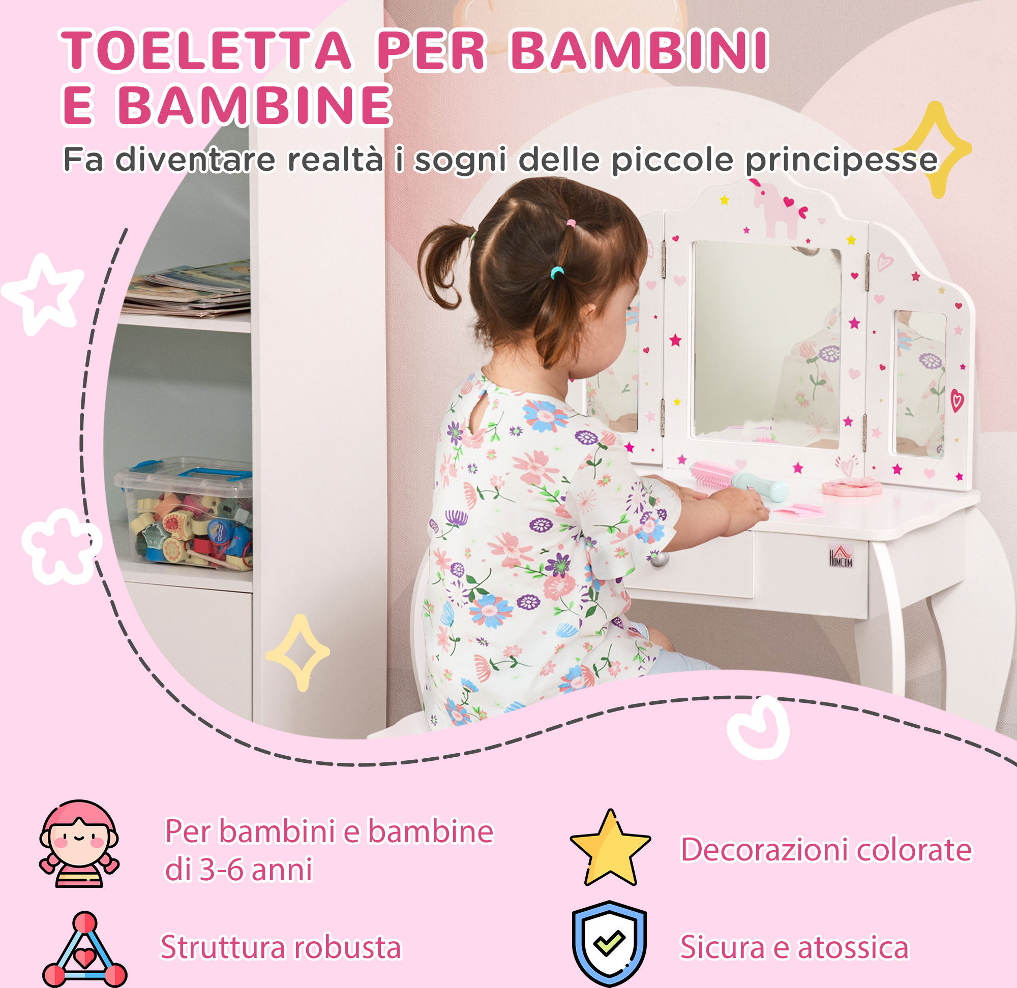 Altro Toeletta Per Bambini Con Sgabello, Tavolo Trucco Con Triplo Specchio E Cassetto, 63x40x85.5cm, Bianco