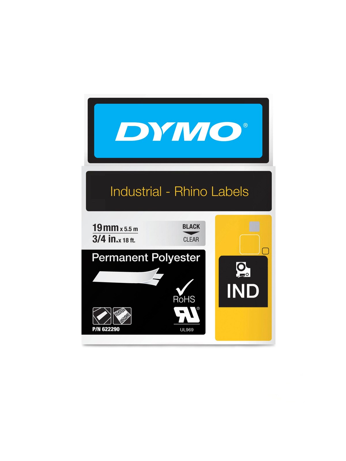 DYMO Rhino Industrie Permanente Polyesteretiketten | 19 mm x 5,5 m | Schwarz auf Transparent