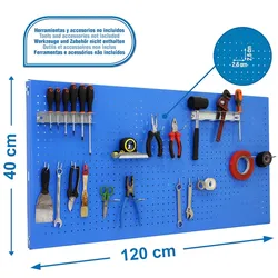 SimonRack Perforierte Metallplatte für Werkzeuge 1200x400 BLAU + 14 Haken + 3 Zubehör