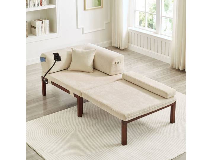 Canapé-lit pliant en bois massif – lit simple extractible multifonctionnel - BEIGE