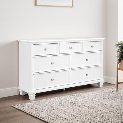 Benjara Heno Wide Dresser, 7 Storage Drawers, Nickel Round Knob Handles, White