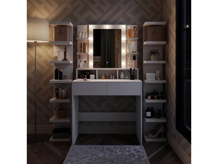 Vicco Schminktisch Taylor , Weiß 80 cm Spiegel mit LED-Beleuchtung · 2 Schubladen · Freistehend · Offene Seitenregale · Hollywood-Beleuchtung