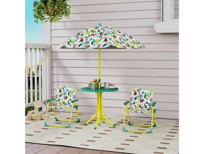 Salon de jardin enfant 4 pièces vert avec parasol amovible table enfant et 2 chaises pliantes
