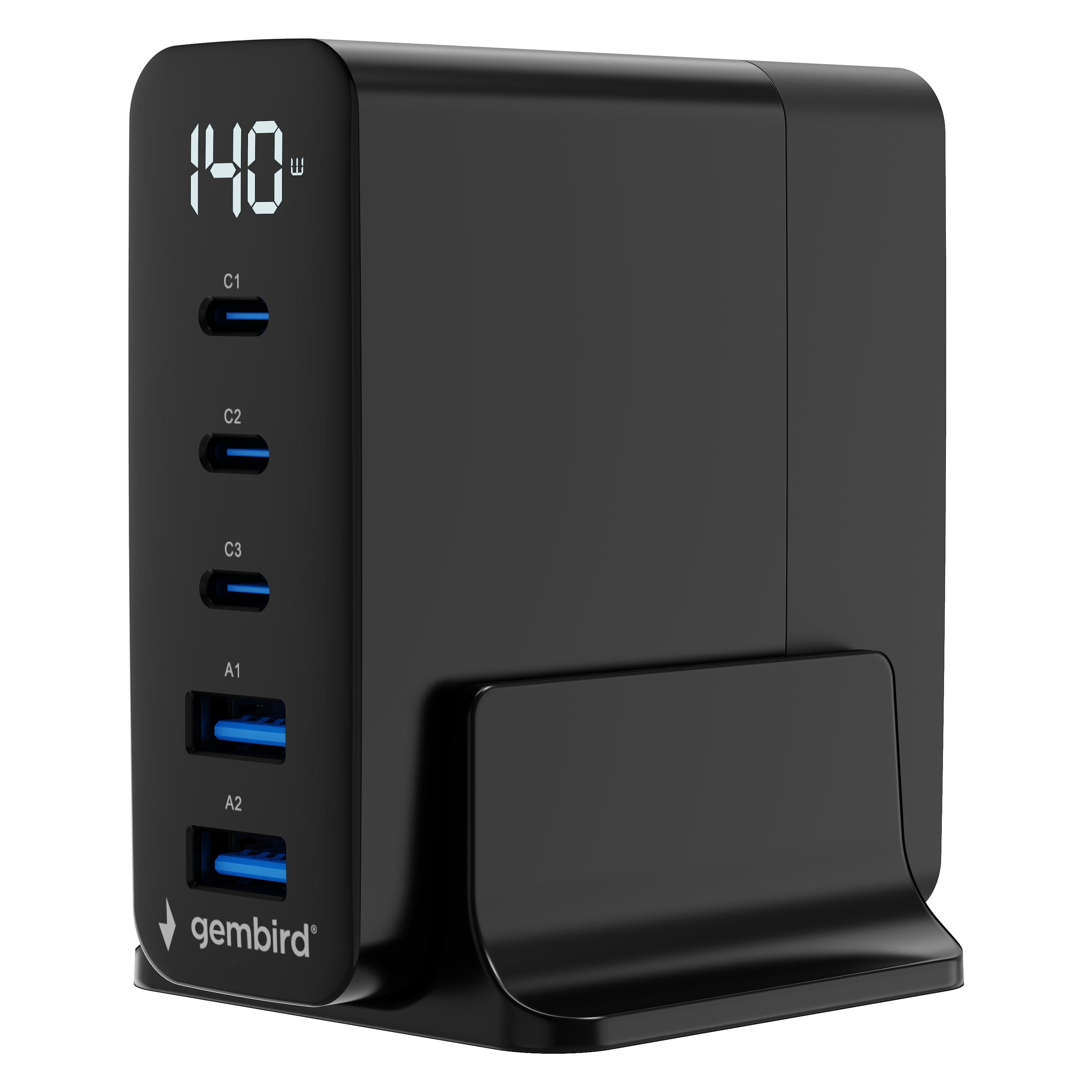 Gembird Szybka ładowarka USB GaN 5-portowa 140 W, czarna (140 W, 5 Ports) (GEMBIRD)