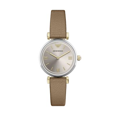 Quarzuhr EMPORIO ARMANI, braun (taupe, silberfarben, champagnerfarben), Armbanduhren, Damen, edelstahlfarben-gelbgoldfarben, Quarzuhr, Armbanduhr, Damenuhr, Lederarmband, analog