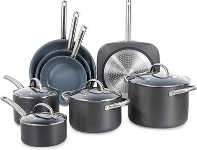 Black & Decker 12-Piece Ceramic Hard Anodized Aluminum Cookware Set, Pots and Pans Set with Ceramic Non-Stick Coating, Gray
