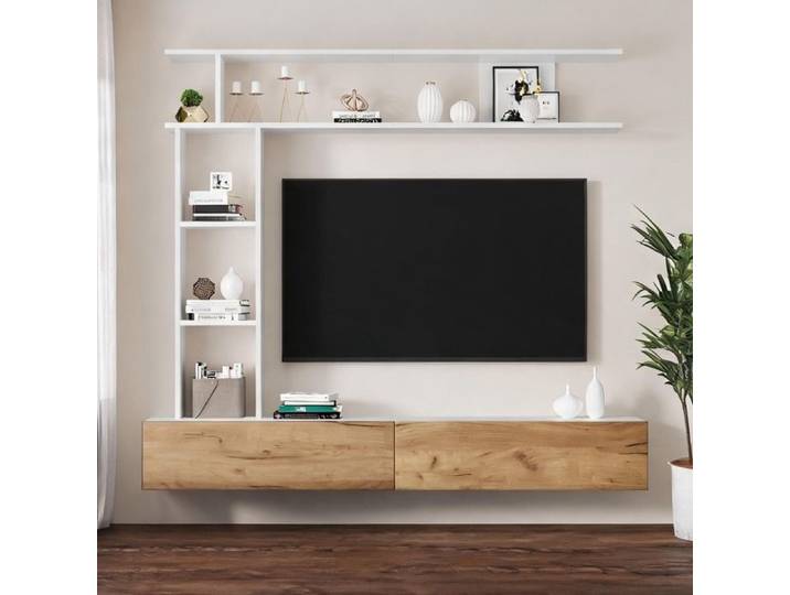 Ensemble meuble TV blanc et chêne 180 cm design mural ou sur pieds pour télévision jusqu'à 80 pouces style contemporain