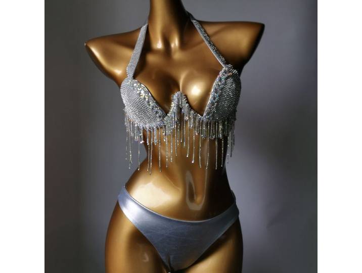 Ensemble de bikini diamant pour femme, soutien-gorge de carnaval, culotte de boîte de nuit à pampilles en biscuits, tenue de festival Rave, homme brûlant, 2024