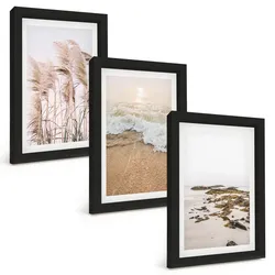 BILDER SET 3er Set - 20x30 cm Schwarzer Rahmen - Strandgras, Wellen, Steine, Boho-Stil