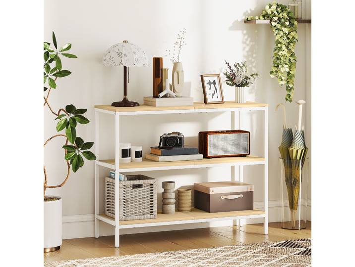 HOMCOM Console 3 Étagères Métal Bois Entrée Salon Blanc