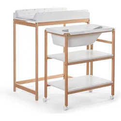 OK Baby Wooden Changing Table with Ergonomic Bathtub and Wheels, Soft Changing Mat for Newborns