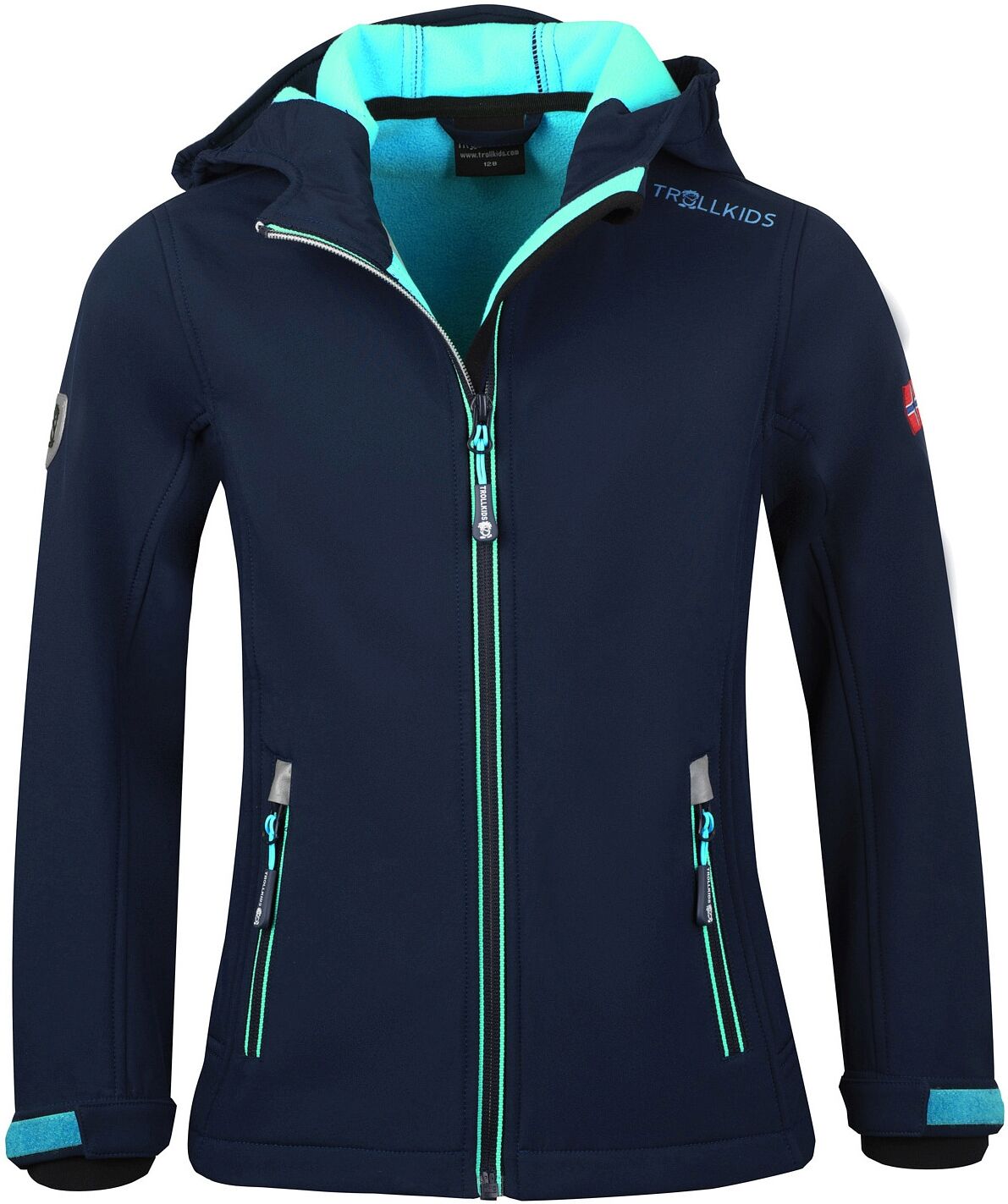 Softshelljacke TROLLKIDS "Girls Trollfjord Jacket", Mädchen, Gr. 152, blau (navy, mint), Softshell, Obermaterial: 94% Polyester, 6% Elasthan, normal, Jacken Softshelljacke, sportliche Softshelljacke, aus Kunstfaser, mit Reissverschluss navy, mint 152