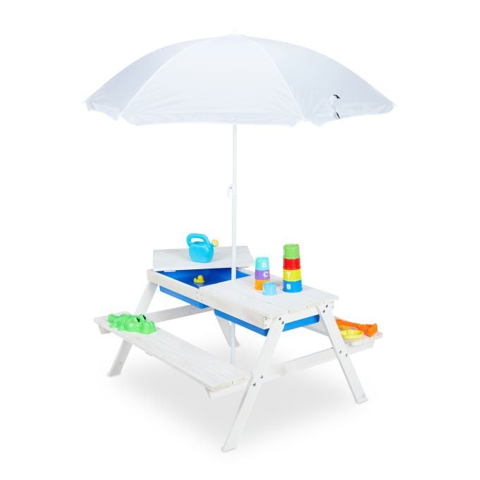 Relaxdays Kinderpicknicktafel van hout met parasol, Wit en Blauw