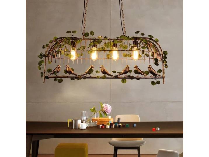 Plante verte rétro Style industriel Cage à oiseaux lustre en fer forgé lampes LED Restaurant salle à manger jardin lumière décorative