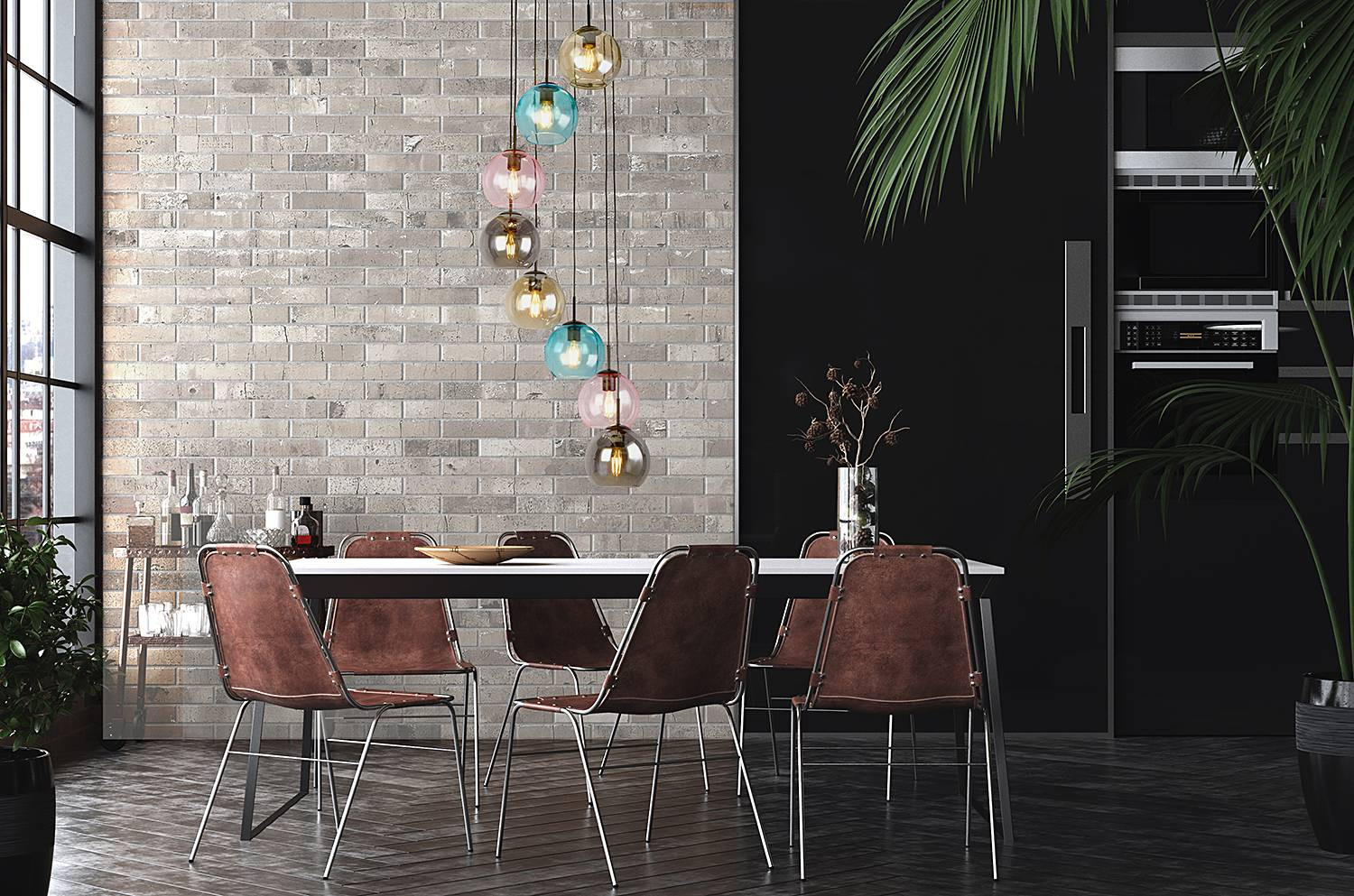 Searchlight Mardi Gras II 8-lichts hanglamp met meerkleurig glas en zwart metaal