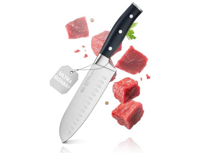 RÖSLE Santokumesser Tradition 17,5 cm - Hochwertiges und scharfes Küchenmesser mit Kullenschliff, asiatische Klingenform, ideal für Fleisch, Fisch und Gemüse, Messer mit ergonomischem Griff