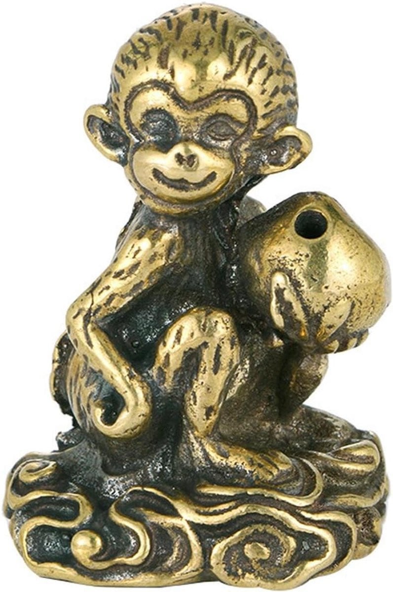 Messing Aap Ornament - Koperen Wierookbrander in Brons - Bureau Decoratie met Micro Snijwerk