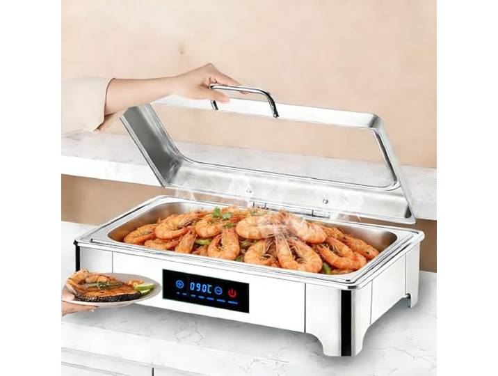 BOVDC Elektrischer Chafing Dish Glasdeckel, 9L Edelstahl(Full Pan) Speisewärmer Buffetwärmer Elektrisch Einstellbarer Temperatur, Elektrisch Warmhaltebehälter Essen mit Abnehmbarer Heizplatte