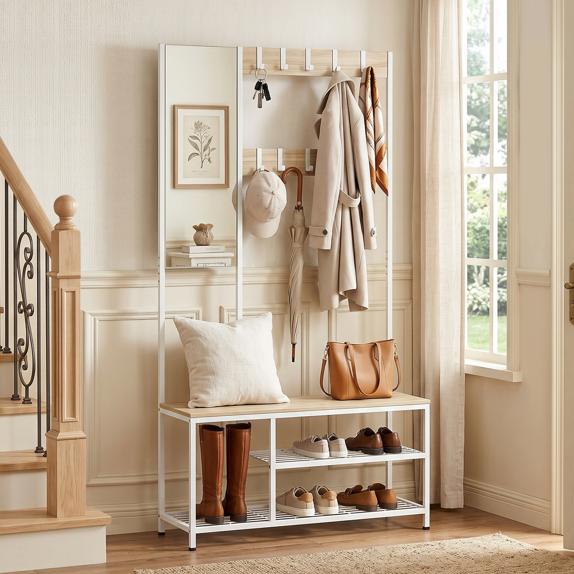 Homcom 4-in-1: Panca ingresso con specchio, porta abiti, finitura legno naturale.   Aosom Italy