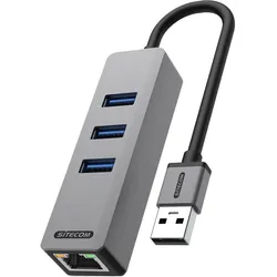 Sitecom AD-1007 USB-A zu Ether +3x USB Hub (USB-A, 3 Ports), Dockingstation + USB Hub, Grau
