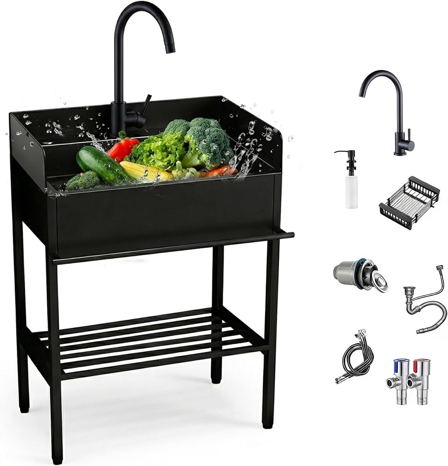 Edelstahl Spültisch mit Unterschrank, Freistehendes Outdoor Spülbecken für Garten mit 3-seitigem Spritzschutz, Armatur, Waschbecken für Waschküche, Werkstatt, Garage(60 x 45 x 92cm)